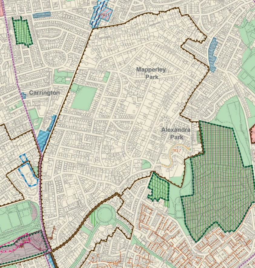 Map of Mapperley Park and Alexandra Park, with the Conservation Area boundary drawn as a dark brown line